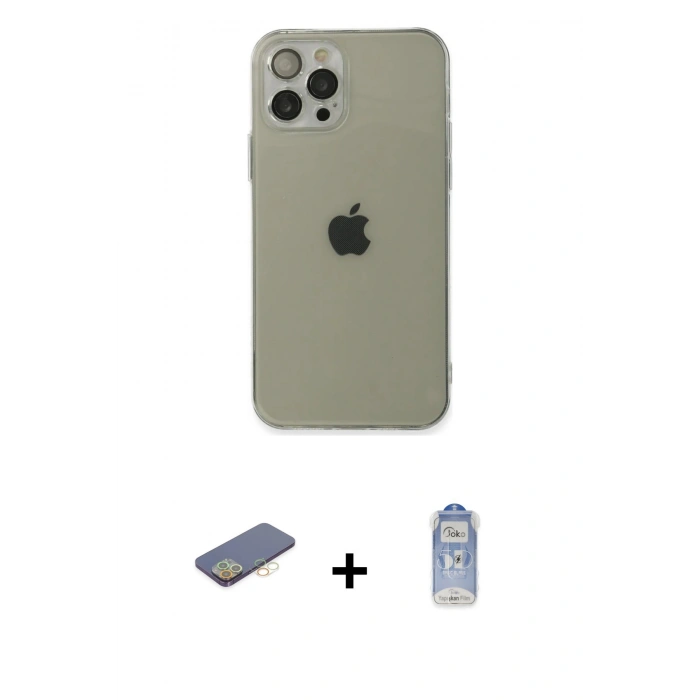 MARSİLYAN™- iPhone 12 Pro Max Kılıf Ahenk Doku - Siyah Joko Magic 5D Cam + Renkli Kamera Lens Koruma Cam - SI