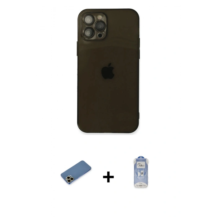 MARSİLYAN™- iPhone 12 Pro Max Kılıf Ahenk Doku - Siyah Joko Magic 5D Cam + Shine Kamera Lens Koruma Cam - GD