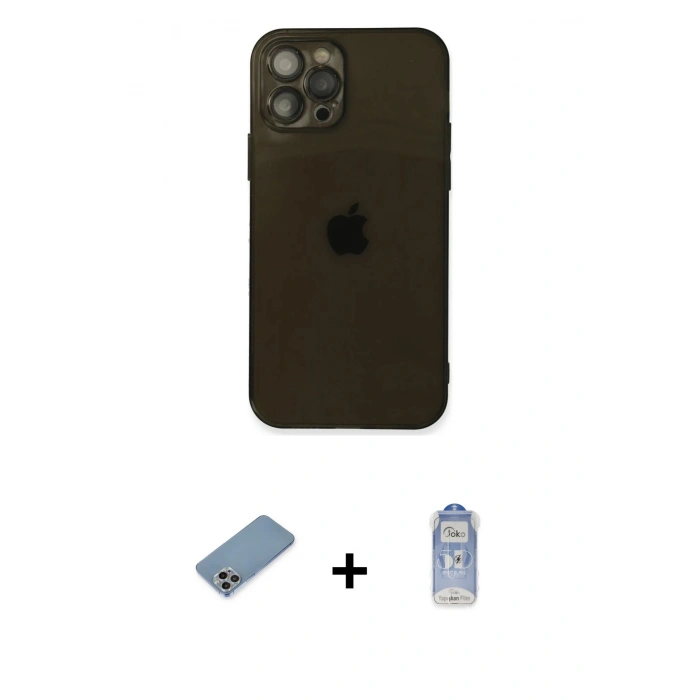 MARSİLYAN™- iPhone 12 Pro Max Kılıf Ahenk Doku - Siyah Joko Magic 5D Cam + Shine Kamera Lens Koruma Cam - GI