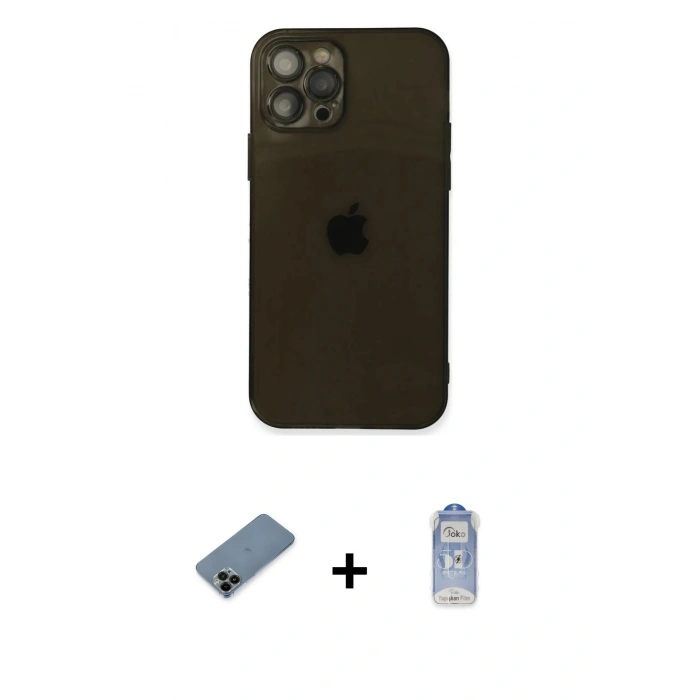 MARSİLYAN™- iPhone 12 Pro Max Kılıf Ahenk Doku - Siyah Joko Magic 5D Cam + Shine Kamera Lens Koruma Cam - SH
