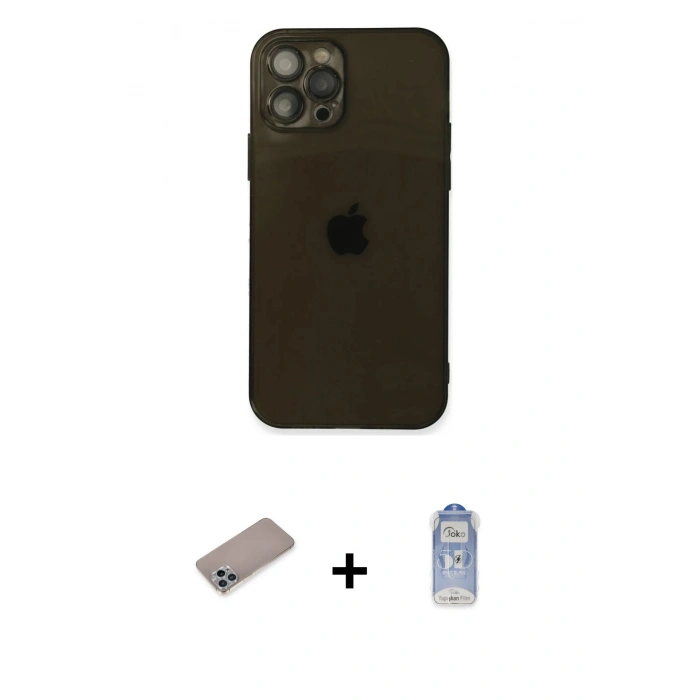 MARSİLYAN™- iPhone 12 Pro Max Kılıf Ahenk Doku - Siyah Joko Magic 5D Cam + Shine Kamera Lens Koruma Cam - SABE