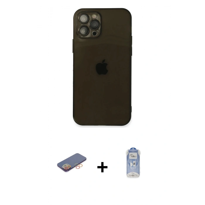 MARSİLYAN™- iPhone 12 Pro Max Kılıf Ahenk Doku - Siyah Joko Magic 5D Cam + Renkli Kamera Lens Koruma Cam - TU