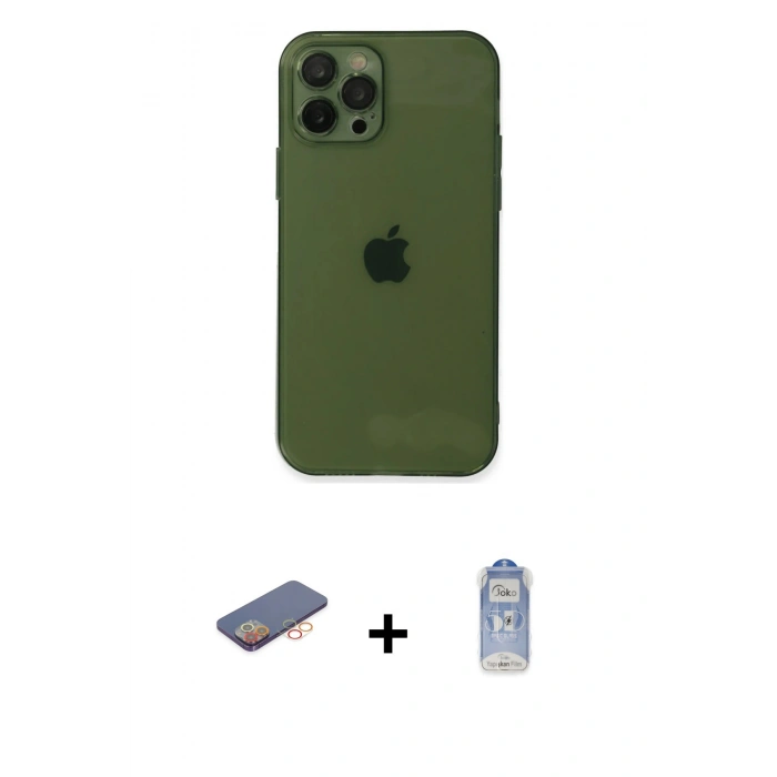 MARSİLYAN™- iPhone 12 Pro Max Kılıf Ahenk Doku - Siyah Joko Magic 5D Cam + Renkli Kamera Lens Koruma Cam - TU