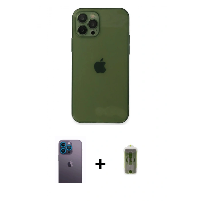 MARSİLYAN™- iPhone 12 Pro Max Kılıf Ahenk Doku - Siyah Joko Magic 5D Hayalet Cam + Neon Fosforlu Kamera Lens - MI