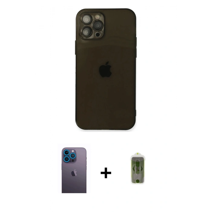 MARSİLYAN™- iPhone 12 Pro Max Kılıf Ahenk Doku - Siyah Joko Magic 5D Hayalet Cam + Neon Fosforlu Kamera Lens - MI