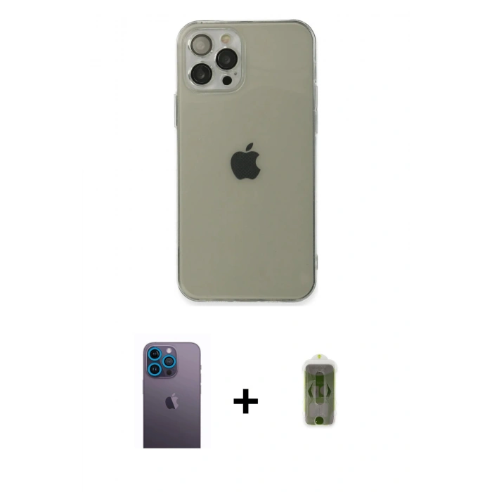 MARSİLYAN™- iPhone 12 Pro Max Kılıf Ahenk Doku - Siyah Joko Magic 5D Hayalet Cam + Neon Fosforlu Kamera Lens - MI