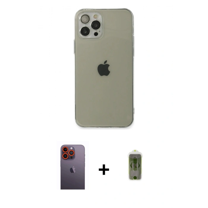 MARSİLYAN™- iPhone 12 Pro Max Kılıf Ahenk Doku - Siyah Joko Magic 5D Hayalet Cam + Neon Fosforlu Kamera Lens - TU