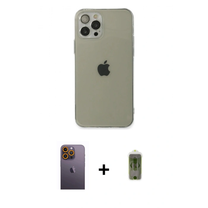 MARSİLYAN™- iPhone 12 Pro Max Kılıf Ahenk Doku - Siyah Joko Magic 5D Hayalet Cam + Neon Fosforlu Kamera Lens - SI