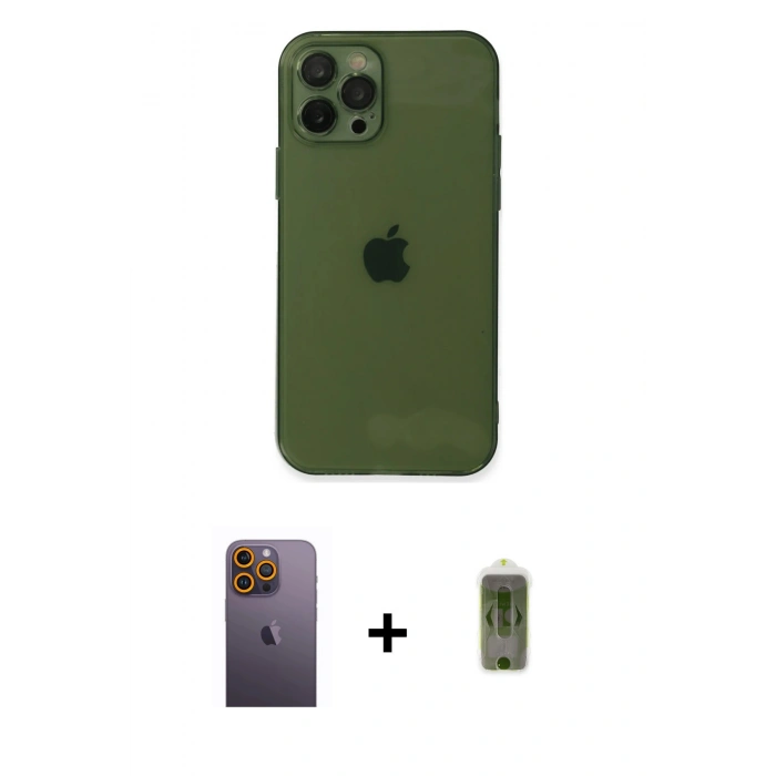 MARSİLYAN™- iPhone 12 Pro Max Kılıf Ahenk Doku - Siyah Joko Magic 5D Hayalet Cam + Neon Fosforlu Kamera Lens - SI