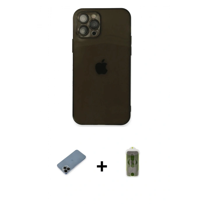 MARSİLYAN™- iPhone 12 Pro Max Kılıf Ahenk Doku - Siyah Joko Magic 5D Hayalet Cam + Shine Kamera Lens Koruma Cam - SH