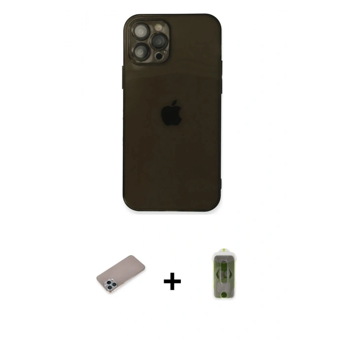 MARSİLYAN™- iPhone 12 Pro Max Kılıf Ahenk Doku - Siyah Joko Magic 5D Hayalet Cam + Shine Kamera Lens Koruma Cam - SABE