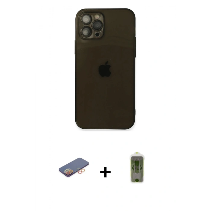 MARSİLYAN™- iPhone 12 Pro Max Kılıf Ahenk Doku - Siyah Joko Magic 5D Hayalet Cam + Renkli Kamera Lens Koruma Cam - TU