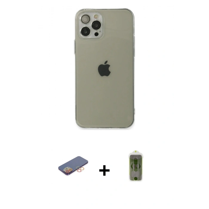 MARSİLYAN™- iPhone 12 Pro Max Kılıf Ahenk Doku - Siyah Joko Magic 5D Hayalet Cam + Renkli Kamera Lens Koruma Cam - TU