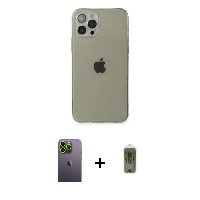 MARSİLYAN™- iPhone 12 Pro Max Kılıf Ahenk Doku - Siyah Joko Magic 5D Hayalet Cam + Neon Fosforlu Kamera Lens - YL