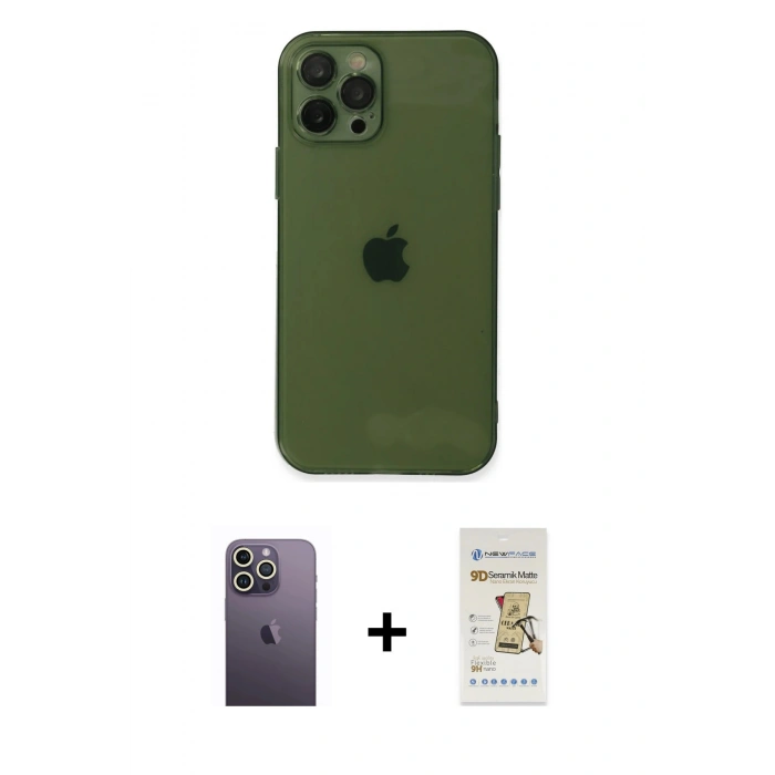 MARSİLYAN™- iPhone 12 Pro Max Kılıf Ahenk Doku - Siyah Mat Seramik Nano Ekran Koruyucu + Neon Fosforlu Kamera Lens - BZ