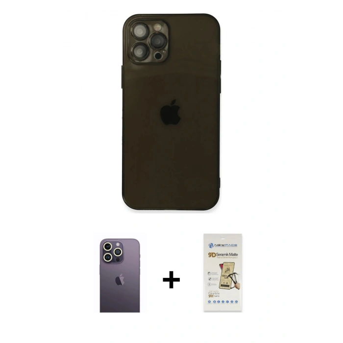 MARSİLYAN™- iPhone 12 Pro Max Kılıf Ahenk Doku - Siyah Mat Seramik Nano Ekran Koruyucu + Neon Fosforlu Kamera Lens - BZ