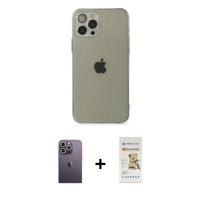 MARSİLYAN™- iPhone 12 Pro Max Kılıf Ahenk Doku - Siyah Mat Seramik Nano Ekran Koruyucu + Neon Fosforlu Kamera Lens - BZ