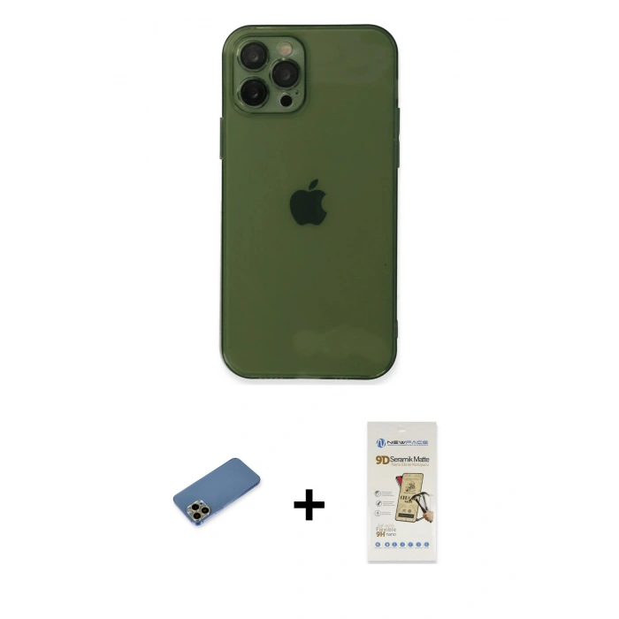 MARSİLYAN™- iPhone 12 Pro Max Kılıf Ahenk Doku - Siyah Mat Seramik Nano Ekran Koruyucu + Shine Kamera Lens Koruma Cam - GD