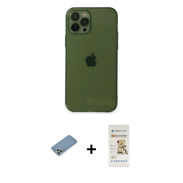 MARSİLYAN™- iPhone 12 Pro Max Kılıf Ahenk Doku - Siyah Mat Seramik Nano Ekran Koruyucu + Shine Kamera Lens Koruma Cam - GS