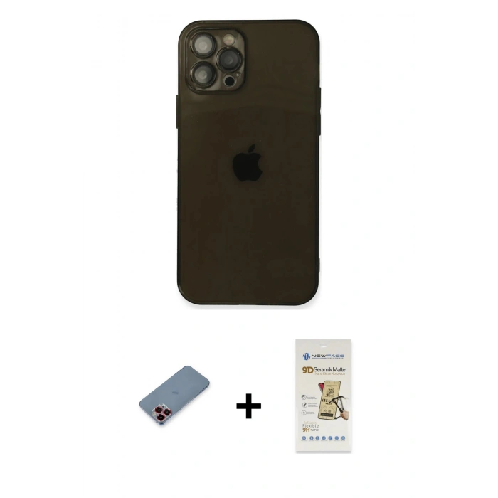 MARSİLYAN™- iPhone 12 Pro Max Kılıf Ahenk Doku - Siyah Mat Seramik Nano Ekran Koruyucu + Metal Kamera Lens Koruma Cam - KI