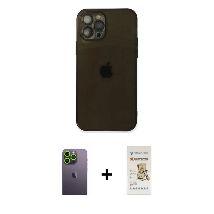 MARSİLYAN™- iPhone 12 Pro Max Kılıf Ahenk Doku - Siyah Mat Seramik Nano Ekran Koruyucu + Neon Fosforlu Kamera Lens - YL