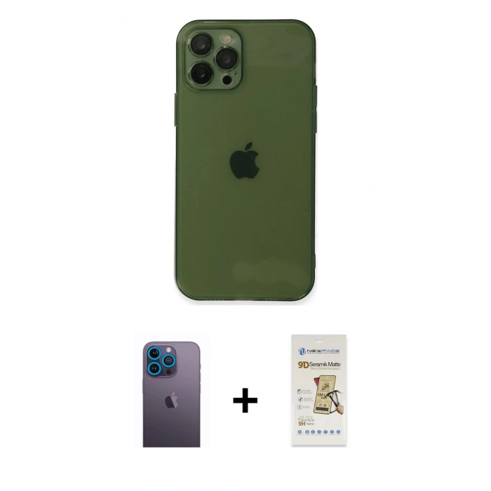 MARSİLYAN™- iPhone 12 Pro Max Kılıf Ahenk Doku - Siyah Mat Seramik Nano Ekran Koruyucu + Neon Fosforlu Kamera Lens - MI