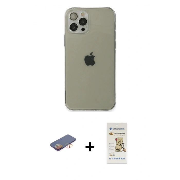 MARSİLYAN™- iPhone 12 Pro Max Kılıf Ahenk Doku - Siyah Mat Seramik Nano Ekran Koruyucu + Renkli Kamera Lens Koruma Cam - TU