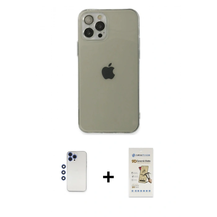 MARSİLYAN™- iPhone 12 Pro Max Kılıf Ahenk Doku - Siyah Mat Seramik Nano Ekran Koruyucu + Shine Kamera Lens - LT