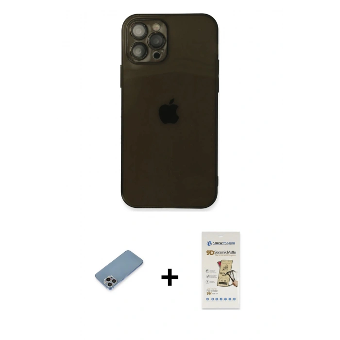 MARSİLYAN™- iPhone 12 Pro Max Kılıf Ahenk Doku - Siyah Mat Seramik Nano Ekran Koruyucu + Shine Kamera Lens Koruma Cam - GI