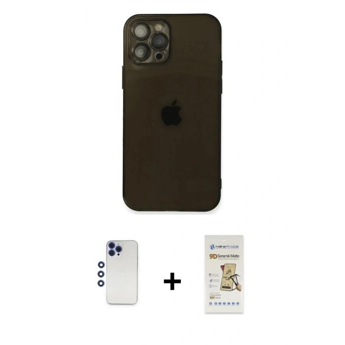 MARSİLYAN™- iPhone 12 Pro Max Kılıf Ahenk Doku - Siyah Mat Seramik Nano Ekran Koruyucu + Shine Kamera Lens - LT
