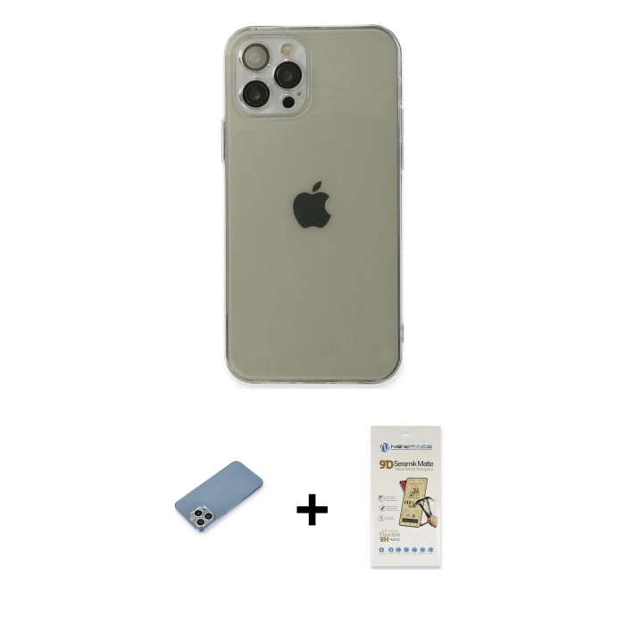MARSİLYAN™- iPhone 12 Pro Max Kılıf Ahenk Doku - Siyah Mat Seramik Nano Ekran Koruyucu + Shine Kamera Lens Koruma Cam - GS