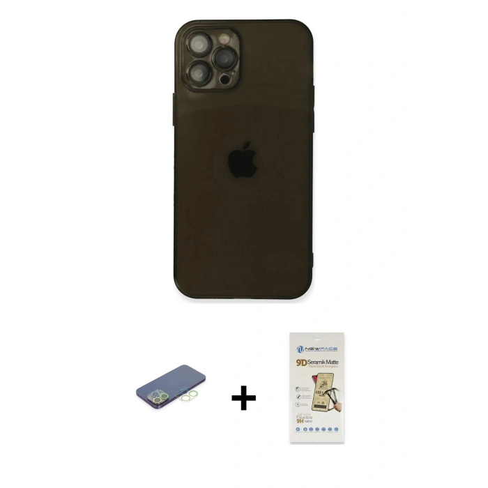 MARSİLYAN™- iPhone 12 Pro Max Kılıf Ahenk Doku - Siyah Mat Seramik Nano Ekran Koruyucu + Renkli Kamera Lens Koruma Cam - YL