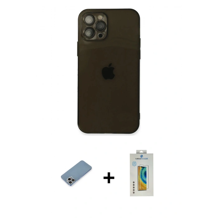 MARSİLYAN™- iPhone 12 Pro Max Kılıf Ahenk Doku - Siyah Polymer Nano Ekran Koruyucu + Shine Kamera Lens Koruma Cam - GI