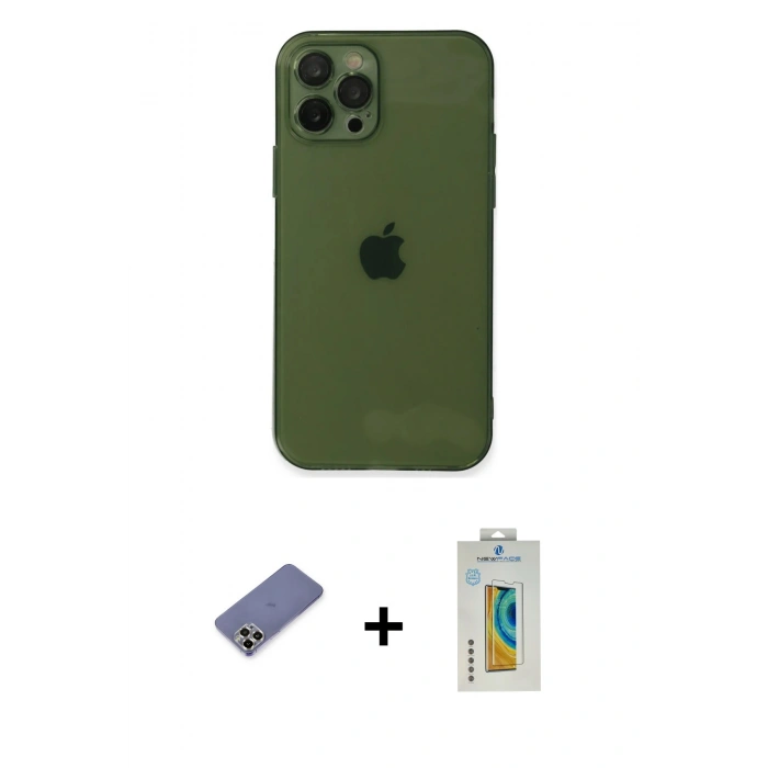MARSİLYAN™- iPhone 12 Pro Max Kılıf Ahenk Doku - Siyah Polymer Nano Ekran Koruyucu + Metal Kamera Lens Koruma Cam - GD