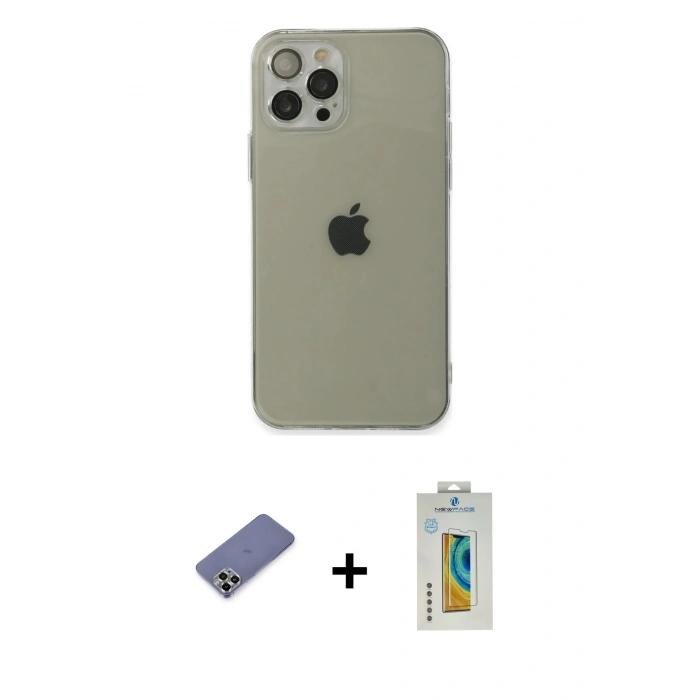 MARSİLYAN™- iPhone 12 Pro Max Kılıf Ahenk Doku - Siyah Polymer Nano Ekran Koruyucu + Metal Kamera Lens Koruma Cam - GD