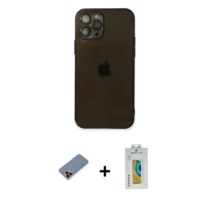 MARSİLYAN™- iPhone 12 Pro Max Kılıf Ahenk Doku - Siyah Polymer Nano Ekran Koruyucu + Kırmızı Metal Kamera Lens Koruma Cam
