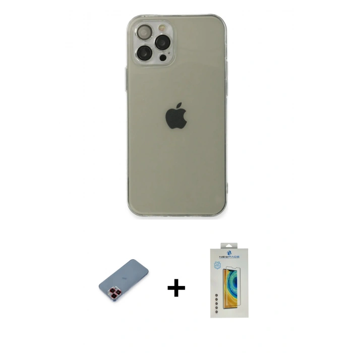 MARSİLYAN™- iPhone 12 Pro Max Kılıf Ahenk Doku - Siyah Polymer Nano Ekran Koruyucu + Metal Kamera Lens Koruma Cam - KI