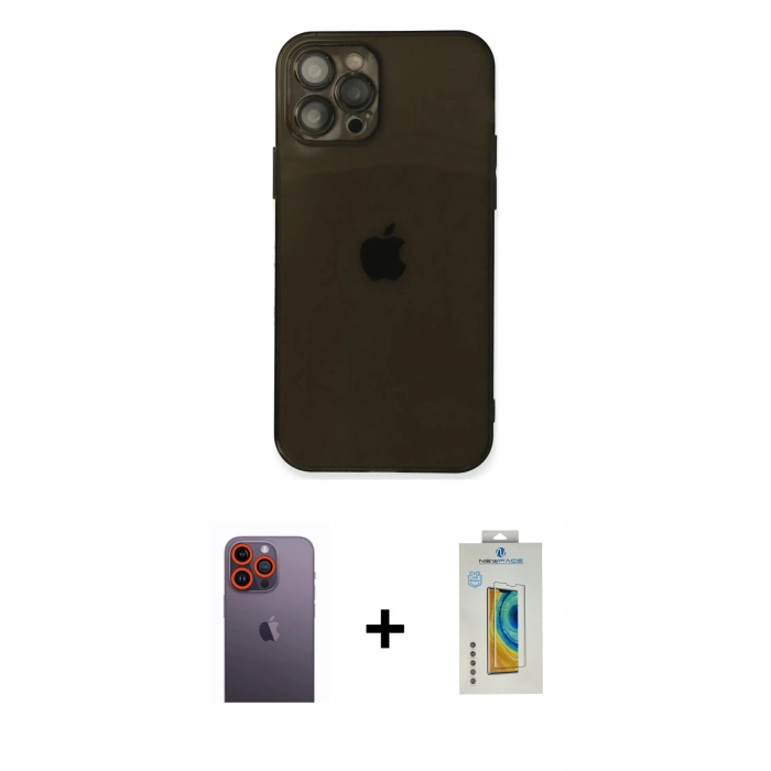 MARSİLYAN™- iPhone 12 Pro Max Kılıf Ahenk Doku - Siyah Polymer Nano Ekran Koruyucu + Neon Fosforlu Kamera Lens - TU