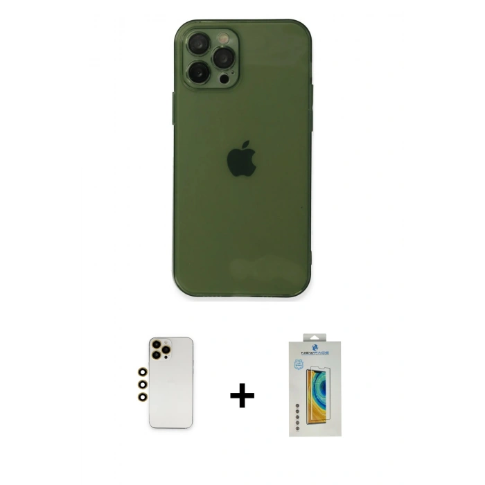MARSİLYAN™- iPhone 12 Pro Max Kılıf Ahenk Doku - Siyah Polymer Nano Ekran Koruyucu + Shine Kamera Lens - GD