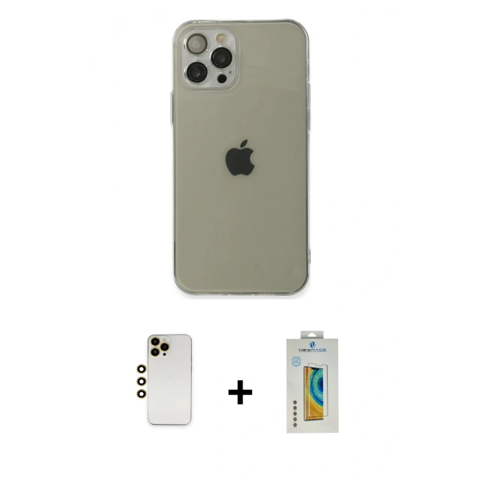 MARSİLYAN™- iPhone 12 Pro Max Kılıf Ahenk Doku - Siyah Polymer Nano Ekran Koruyucu + Shine Kamera Lens - GD