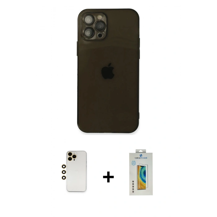 MARSİLYAN™- iPhone 12 Pro Max Kılıf Ahenk Doku - Siyah Polymer Nano Ekran Koruyucu + Shine Kamera Lens - GD