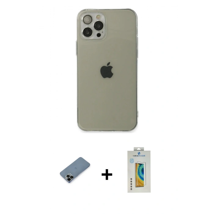 MARSİLYAN™- iPhone 12 Pro Max Kılıf Ahenk Doku - Siyah Polymer Nano Ekran Koruyucu + Shine Kamera Lens Koruma Cam - SH