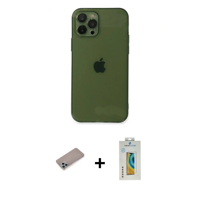 MARSİLYAN™- iPhone 12 Pro Max Kılıf Ahenk Doku - Siyah Polymer Nano Ekran Koruyucu + Shine Kamera Lens Koruma Cam - SABE