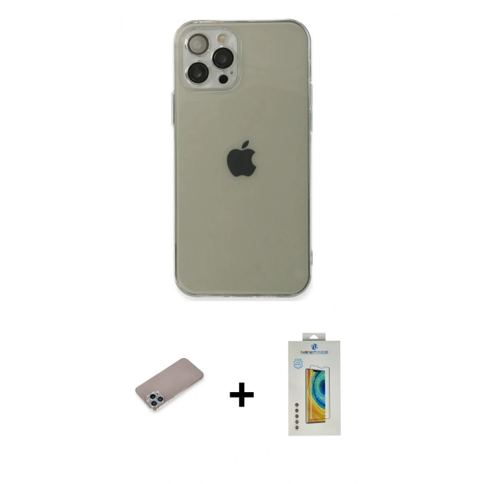 MARSİLYAN™- iPhone 12 Pro Max Kılıf Ahenk Doku - Siyah Polymer Nano Ekran Koruyucu + Shine Kamera Lens Koruma Cam - SABE