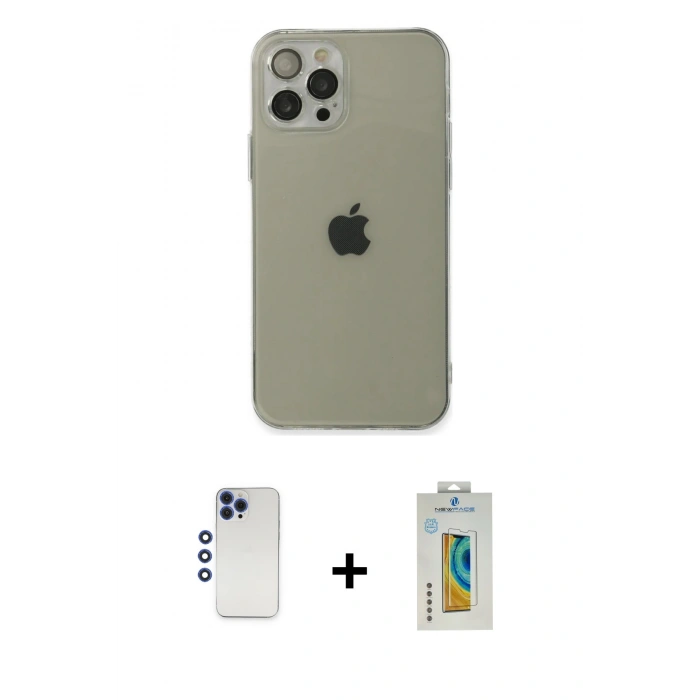 MARSİLYAN™- iPhone 12 Pro Max Kılıf Ahenk Doku - Siyah Polymer Nano Ekran Koruyucu + Shine Kamera Lens - LT