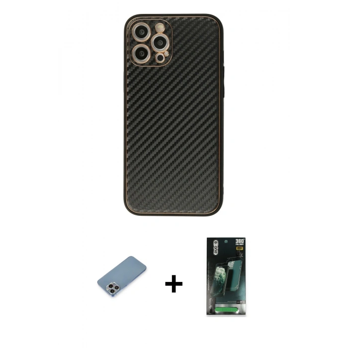 MARSİLYAN™- iPhone 12 Pro Max Kılıf Ahenk Işık - Şeffaf 360 Full Body Arka Koruyucu + Shine Kamera Lens Koruma Cam - GI