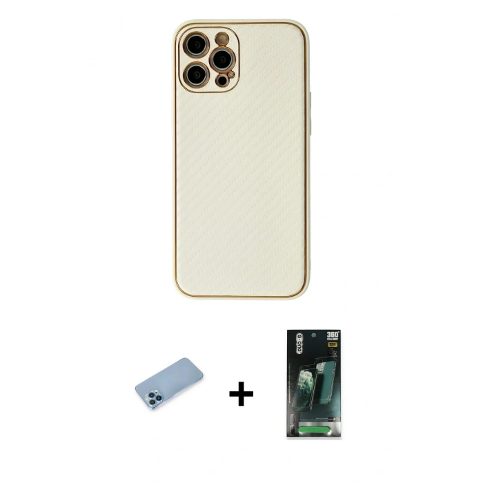 MARSİLYAN™- iPhone 12 Pro Max Kılıf Ahenk Işık - Şeffaf 360 Full Body Arka Koruyucu + Mavi Shine Kamera Lens Koruma Cam