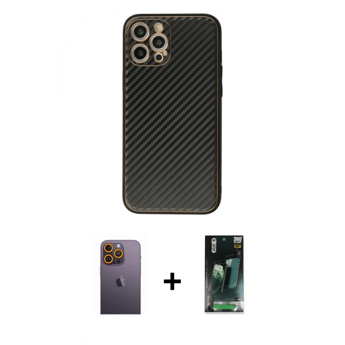 MARSİLYAN™- iPhone 12 Pro Max Kılıf Ahenk Işık - Şeffaf 360 Full Body Arka Koruyucu + Neon Fosforlu Kamera Lens - SI