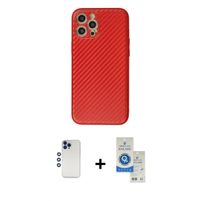 MARSİLYAN™- iPhone 12 Pro Max Kılıf Ahenk Işık - Şeffaf Royal Nano Ekran Koruyucu + Lacivert Shine Kamera Lens