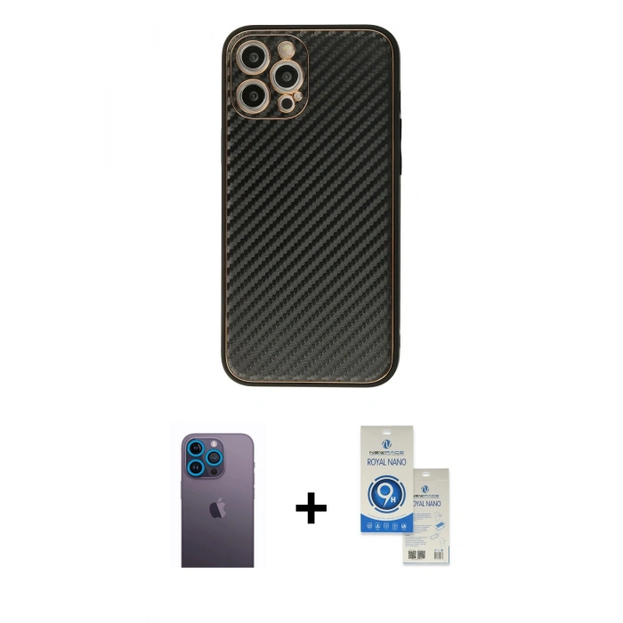 MARSİLYAN™- iPhone 12 Pro Max Kılıf Ahenk Işık - Şeffaf Royal Nano Ekran Koruyucu + Neon Fosforlu Kamera Lens - MI